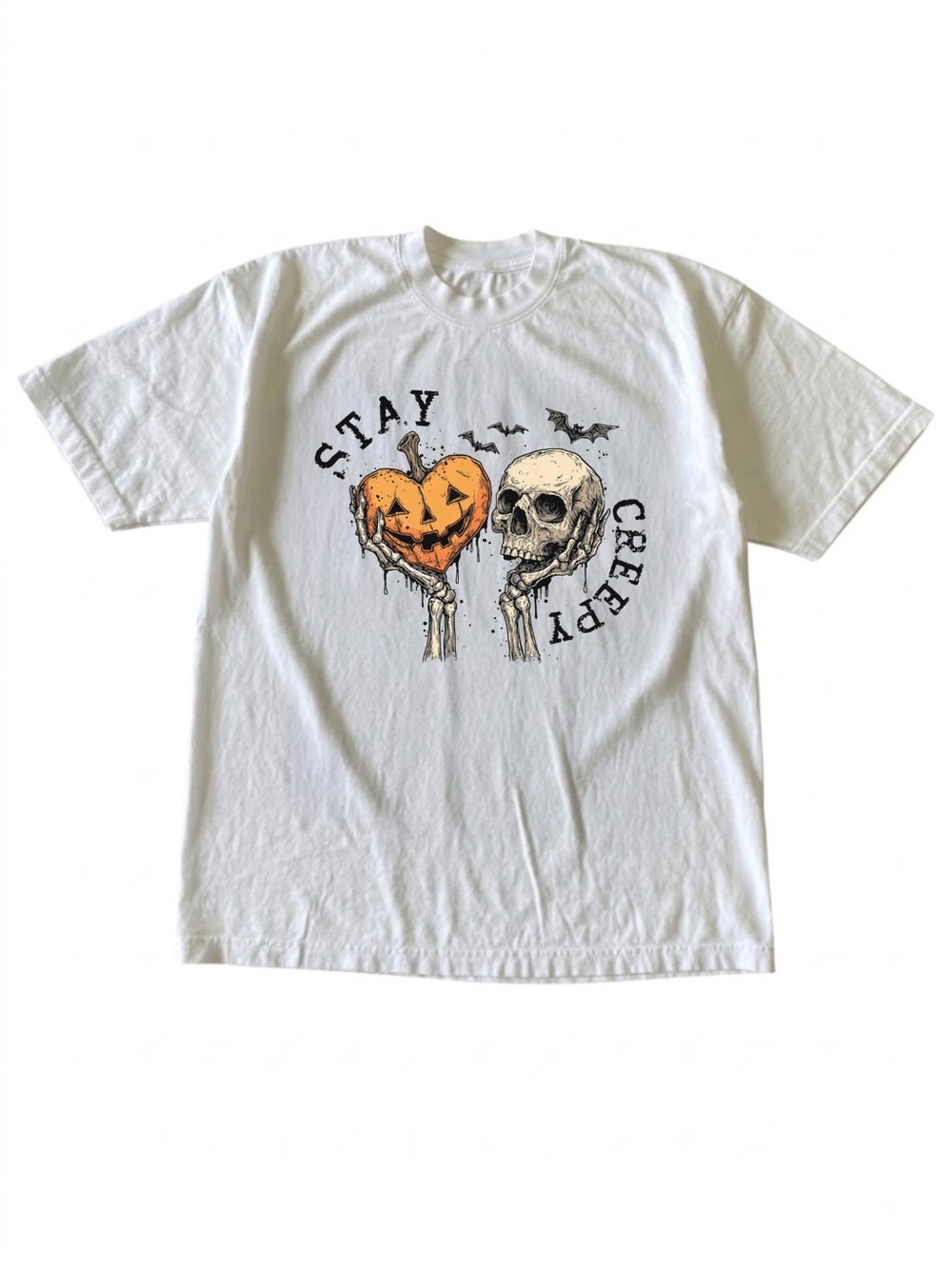 Stay Creepy Skull Pumpkin Heart White Halloween Graphic T-Shirt